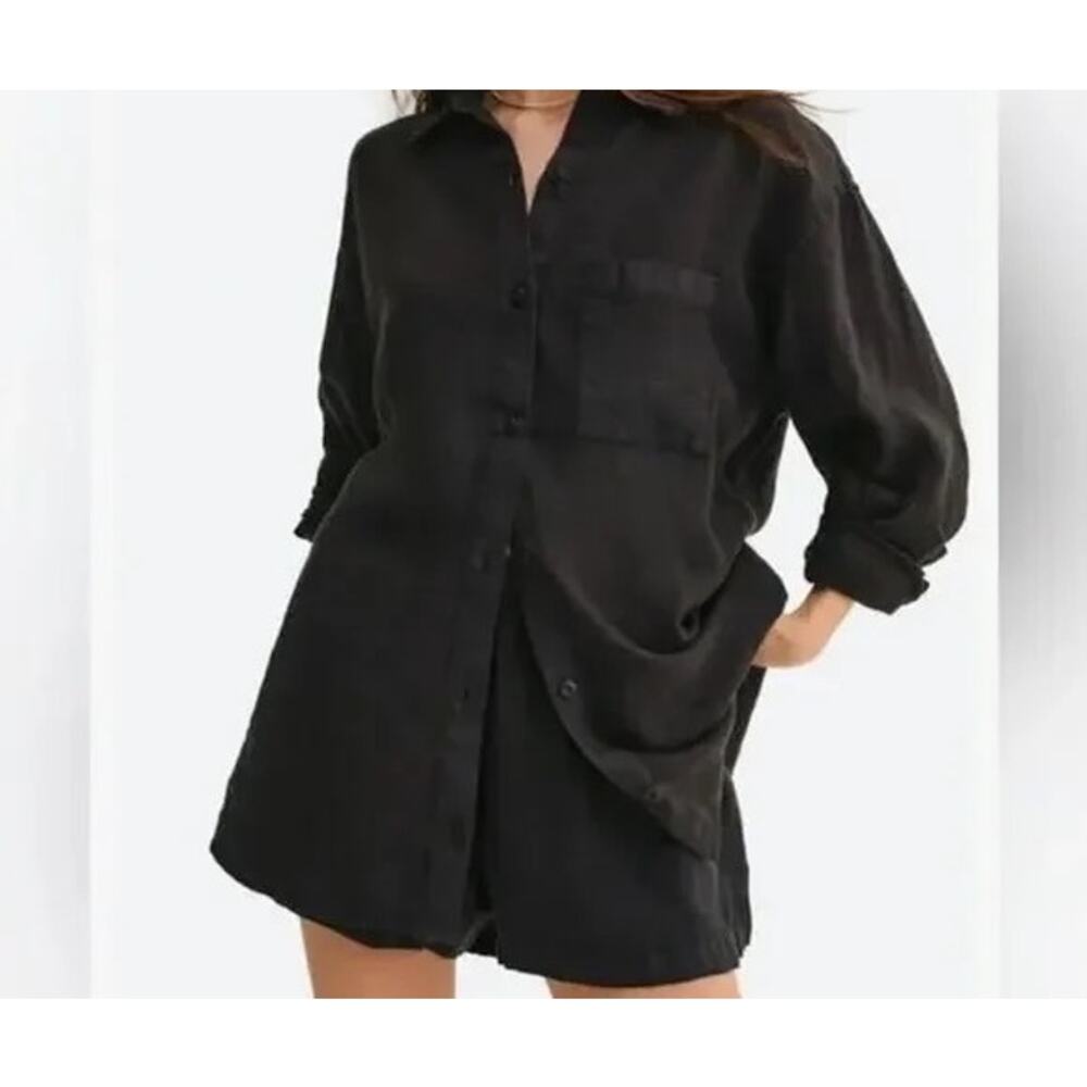 MATE THE LABEL Linen Oversize Long Sleeve Button up Shirt Women's Black Sz L